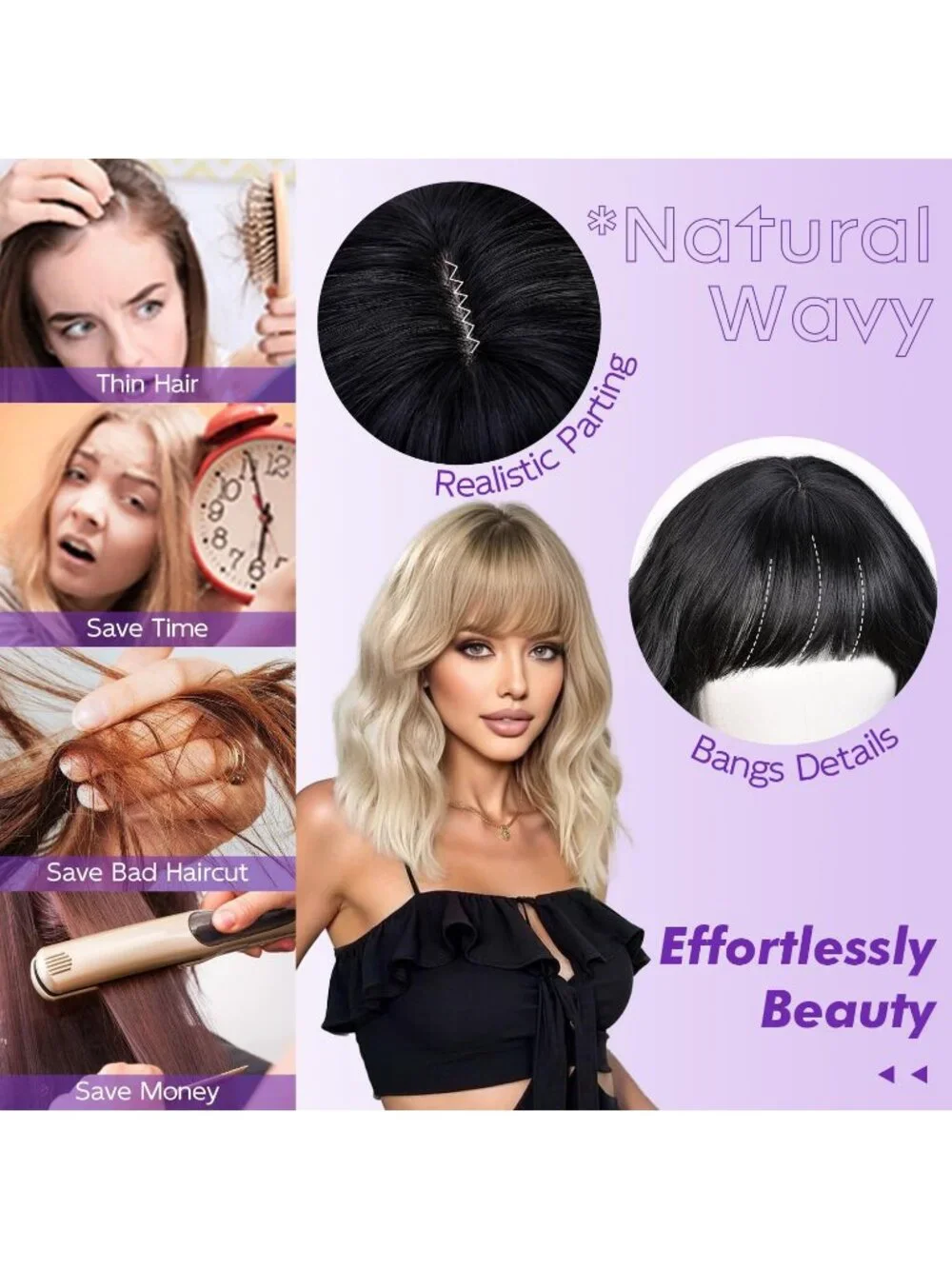 Women's Black 14 Inch Natural Synthetic Short Curly Wavy Fiber Wigs
